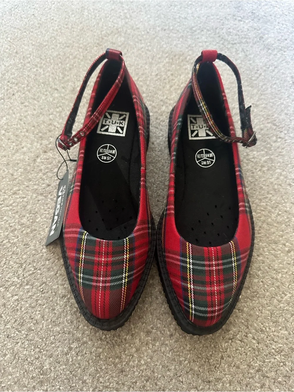 T.U.K Red Plaid Ballet Flats with Black Platform Sole